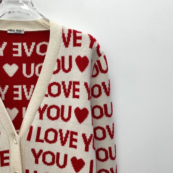 Miu Miu Heart Letter Embroidered Full-Print Cashmere V-Neck Knit Cardigan - Picture 3 of 8